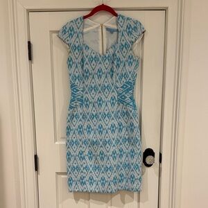 Antonio Melani | Blue/Turquoise/White Ikat Sheath Dress | Cap Sleeve Fitted | 2